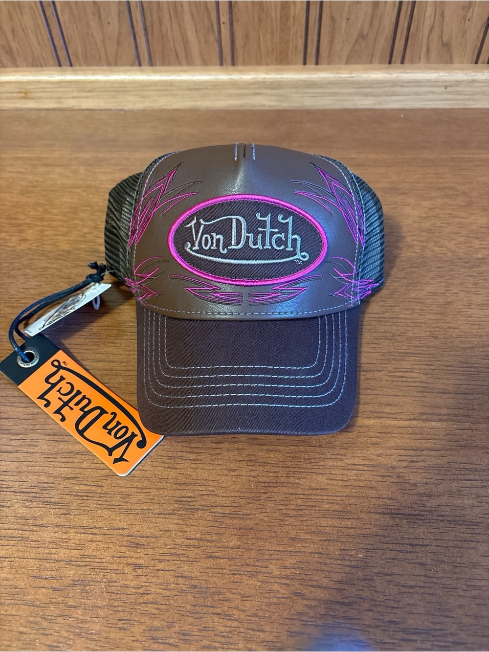 Von Dutch Brown Trucker Hat with Pink Embroidery